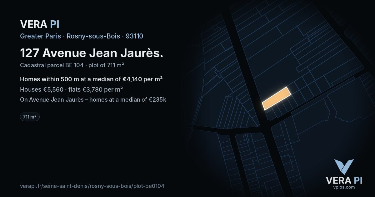 127 Avenue Jean Jaurès, Rosny-sous-Bois at night – the plot lit, the parcels around coloured by the prices near them