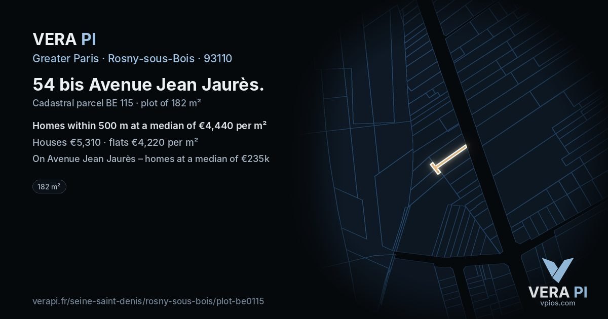 54 bis Avenue Jean Jaurès, Rosny-sous-Bois at night – the plot lit, the parcels around coloured by the prices near them