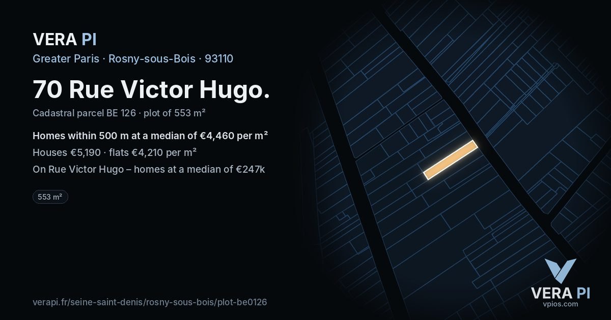 70 Rue Victor Hugo, Rosny-sous-Bois at night – the plot lit, the parcels around coloured by the prices near them