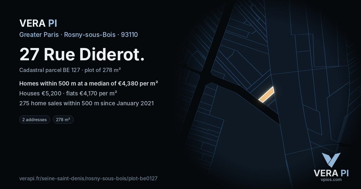 27 Rue Diderot, Rosny-sous-Bois at night – the plot lit, the parcels around coloured by the prices near them
