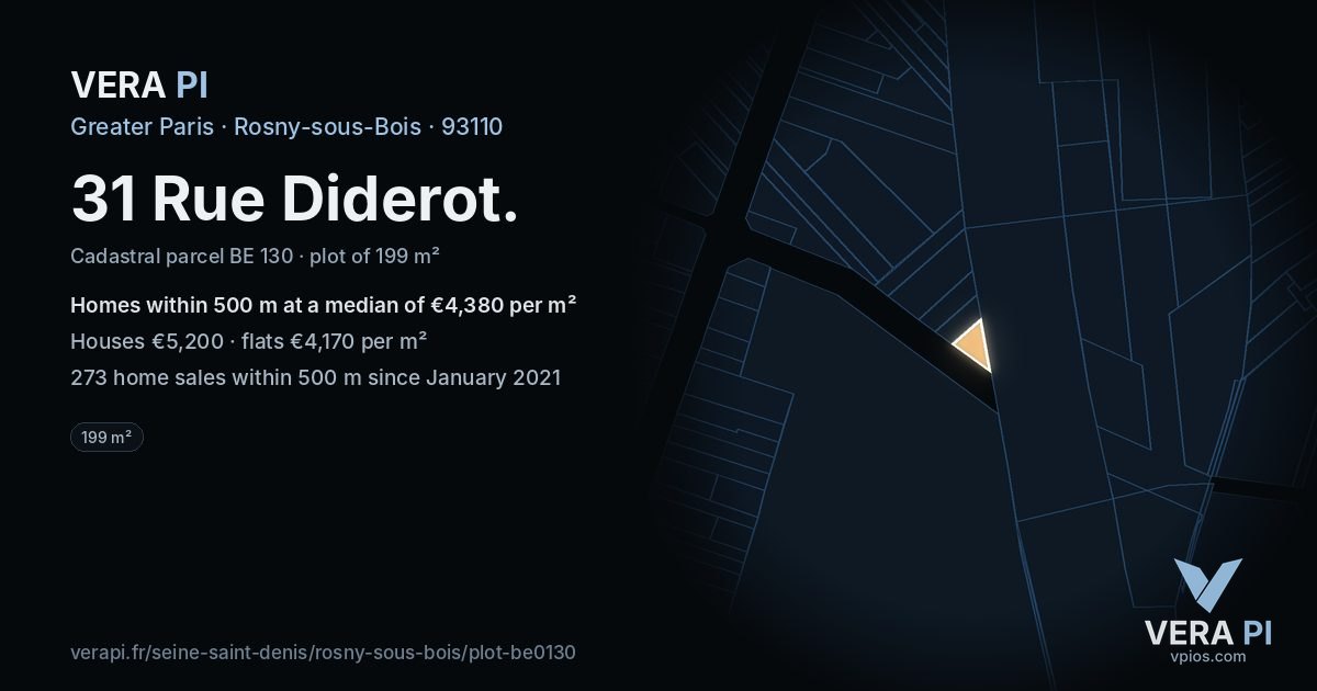 31 Rue Diderot, Rosny-sous-Bois at night – the plot lit, the parcels around coloured by the prices near them