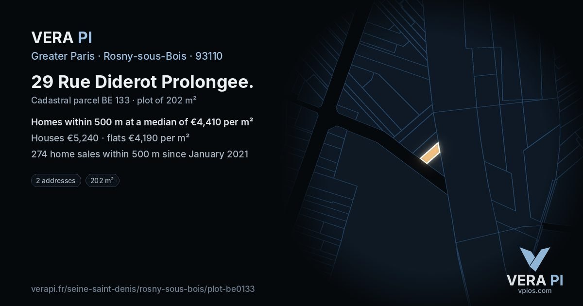 29 Rue Diderot Prolongee, Rosny-sous-Bois at night – the plot lit, the parcels around coloured by the prices near them