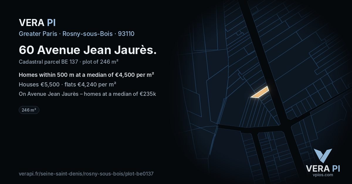 60 Avenue Jean Jaurès, Rosny-sous-Bois at night – the plot lit, the parcels around coloured by the prices near them