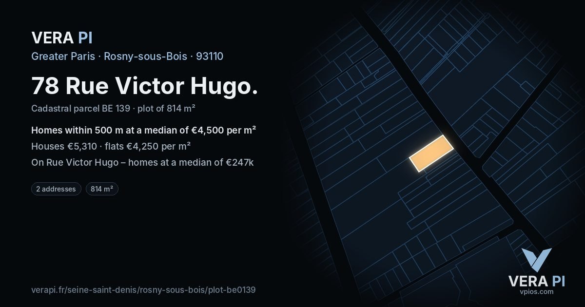 78 Rue Victor Hugo, Rosny-sous-Bois at night – the plot lit, the parcels around coloured by the prices near them