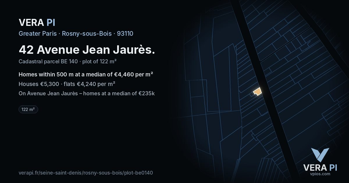 42 Avenue Jean Jaurès, Rosny-sous-Bois at night – the plot lit, the parcels around coloured by the prices near them