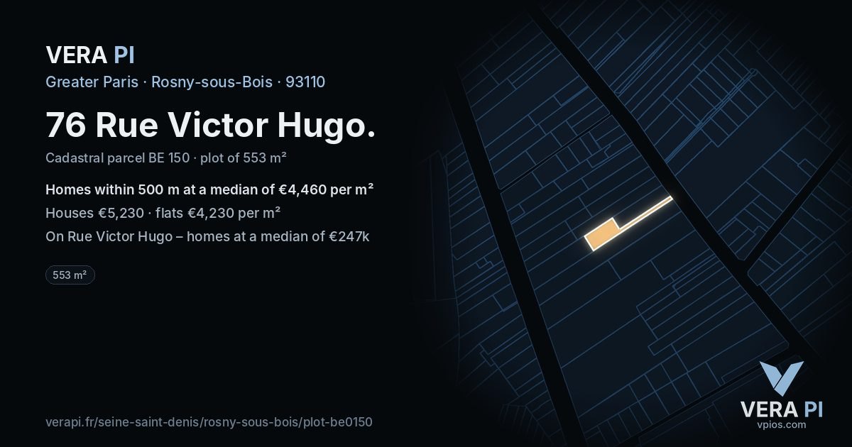 76 Rue Victor Hugo, Rosny-sous-Bois at night – the plot lit, the parcels around coloured by the prices near them