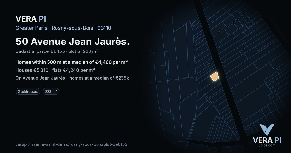 50 Avenue Jean Jaurès, Rosny-sous-Bois at night – the plot lit, the parcels around coloured by the prices near them