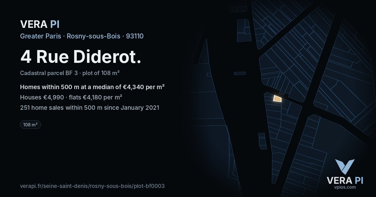 4 Rue Diderot, Rosny-sous-Bois at night – the plot lit, the parcels around coloured by the prices near them