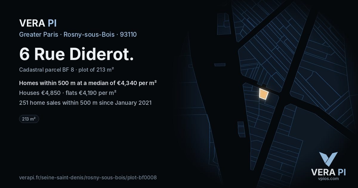 6 Rue Diderot, Rosny-sous-Bois at night – the plot lit, the parcels around coloured by the prices near them