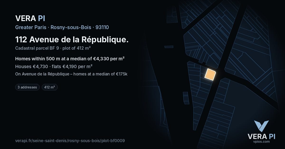 112 Avenue de la République, Rosny-sous-Bois at night – the plot lit, the parcels around coloured by the prices near them