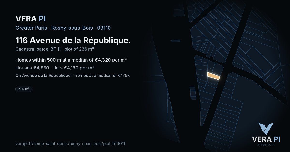 116 Avenue de la République, Rosny-sous-Bois at night – the plot lit, the parcels around coloured by the prices near them