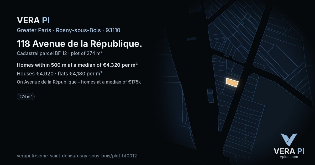 118 Avenue de la République, Rosny-sous-Bois at night – the plot lit, the parcels around coloured by the prices near them