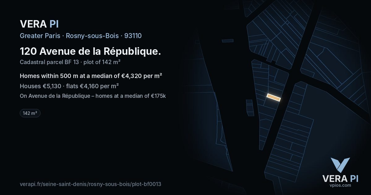 120 Avenue de la République, Rosny-sous-Bois at night – the plot lit, the parcels around coloured by the prices near them