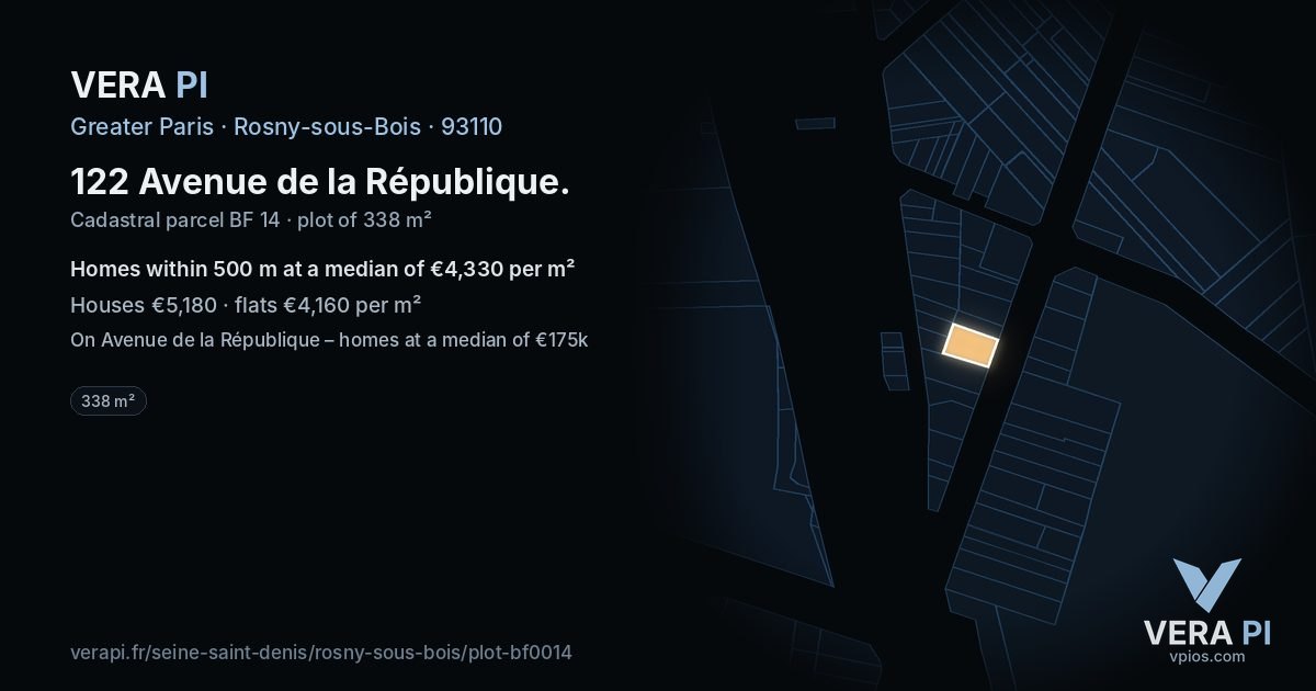122 Avenue de la République, Rosny-sous-Bois at night – the plot lit, the parcels around coloured by the prices near them