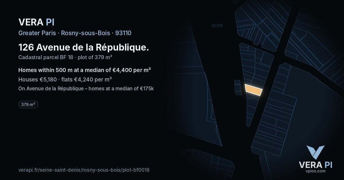 126 Avenue de la République, Rosny-sous-Bois at night – the plot lit, the parcels around coloured by the prices near them