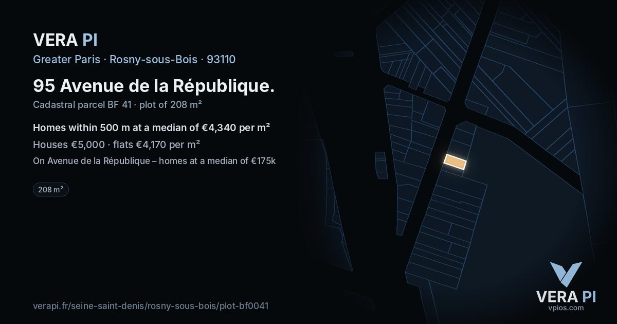 95 Avenue de la République, Rosny-sous-Bois at night – the plot lit, the parcels around coloured by the prices near them