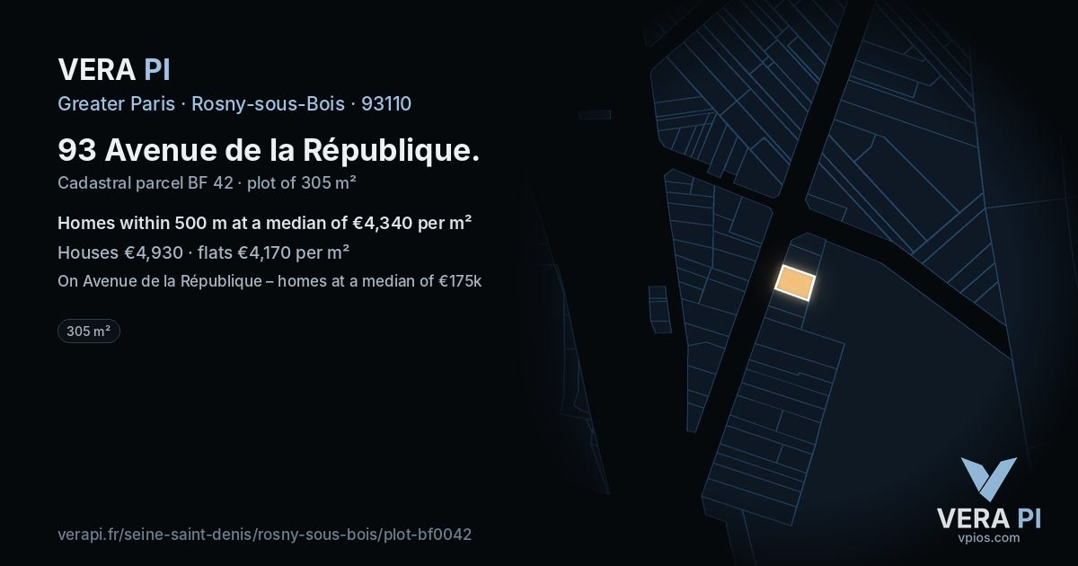 93 Avenue de la République, Rosny-sous-Bois at night – the plot lit, the parcels around coloured by the prices near them