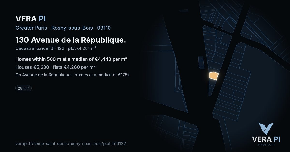 130 Avenue de la République, Rosny-sous-Bois at night – the plot lit, the parcels around coloured by the prices near them