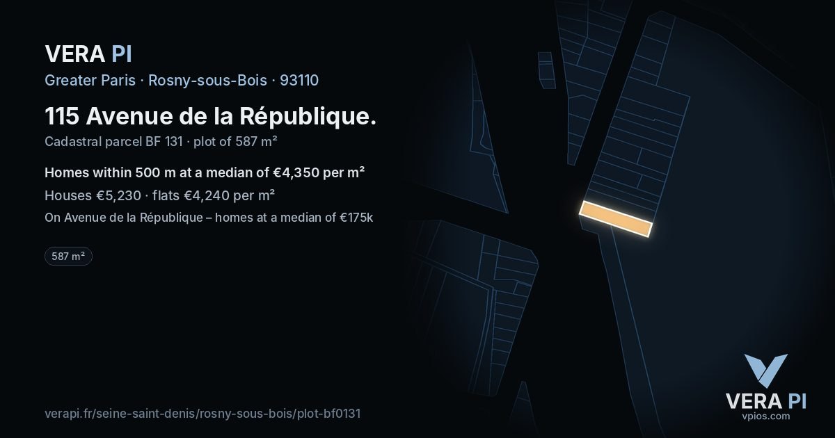 115 Avenue de la République, Rosny-sous-Bois at night – the plot lit, the parcels around coloured by the prices near them