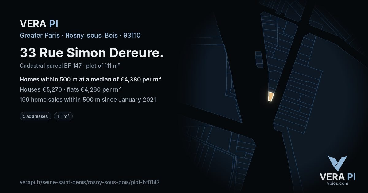 33 Rue Simon Dereure, Rosny-sous-Bois at night – the plot lit, the parcels around coloured by the prices near them