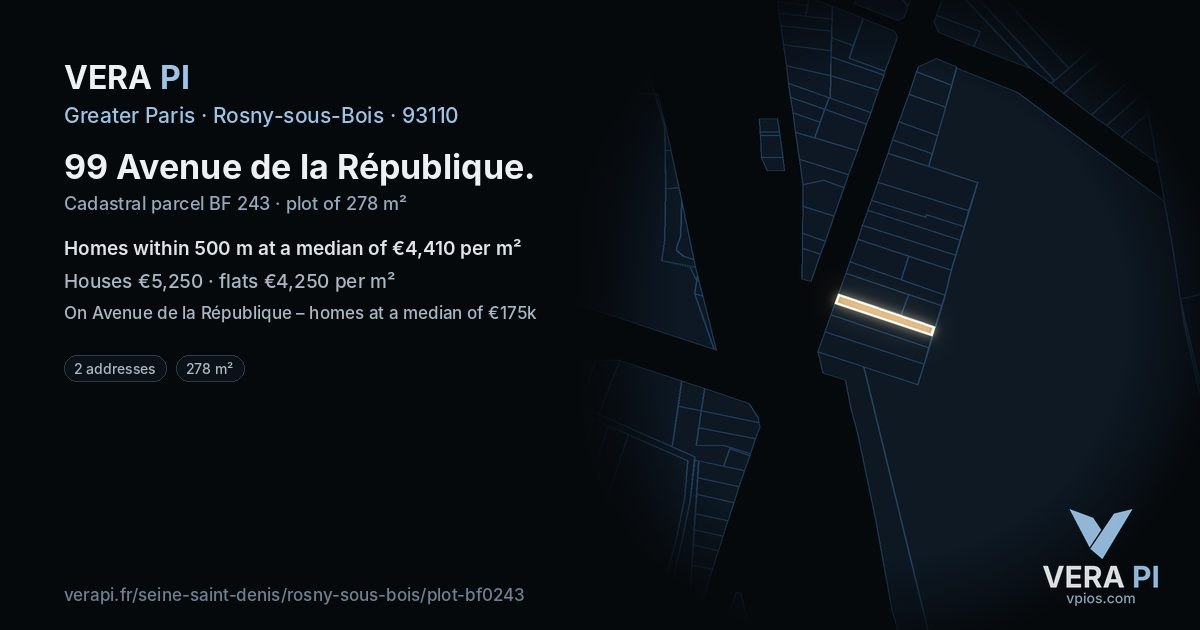 99 Avenue de la République, Rosny-sous-Bois at night – the plot lit, the parcels around coloured by the prices near them
