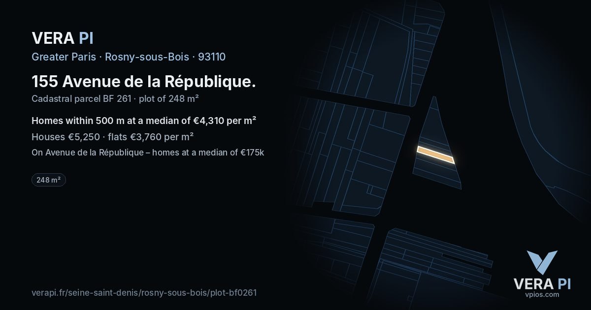 155 Avenue de la République, Rosny-sous-Bois at night – the plot lit, the parcels around coloured by the prices near them