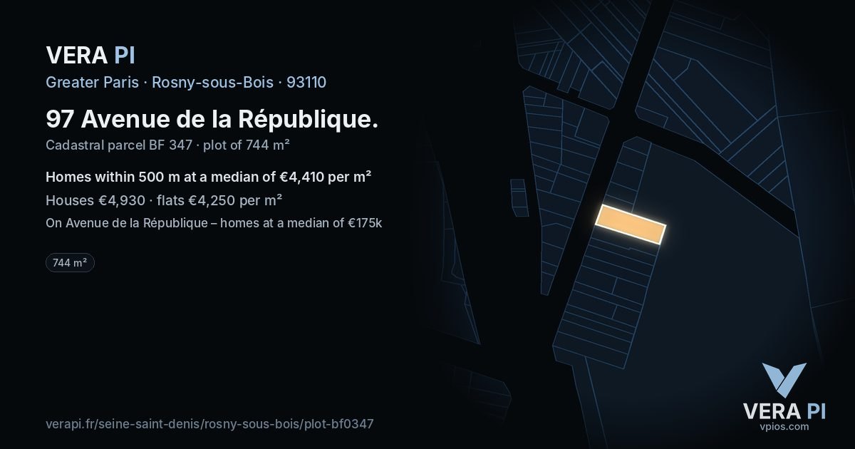 97 Avenue de la République, Rosny-sous-Bois at night – the plot lit, the parcels around coloured by the prices near them