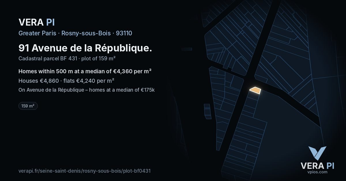 91 Avenue de la République, Rosny-sous-Bois at night – the plot lit, the parcels around coloured by the prices near them