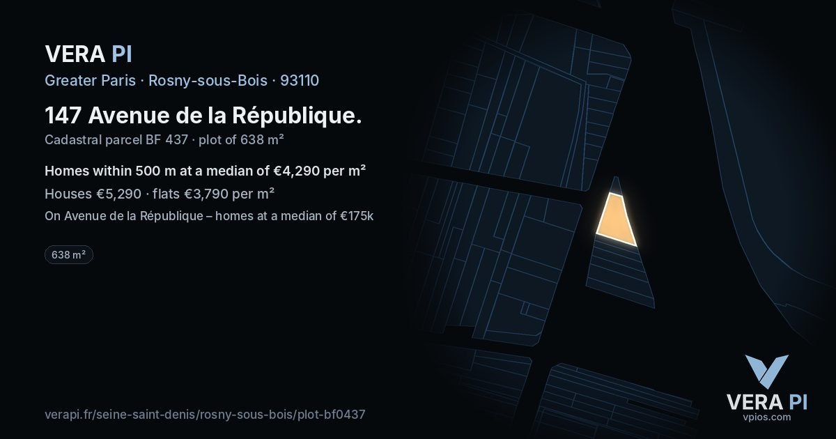 147 Avenue de la République, Rosny-sous-Bois at night – the plot lit, the parcels around coloured by the prices near them