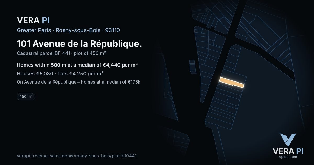 101 Avenue de la République, Rosny-sous-Bois at night – the plot lit, the parcels around coloured by the prices near them