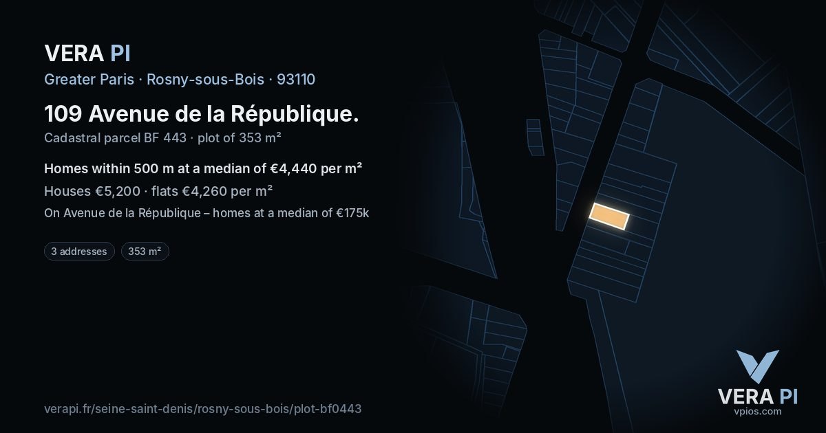 109 Avenue de la République, Rosny-sous-Bois at night – the plot lit, the parcels around coloured by the prices near them