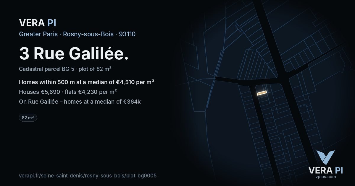 3 Rue Galilée, Rosny-sous-Bois at night – the plot lit, the parcels around coloured by the prices near them