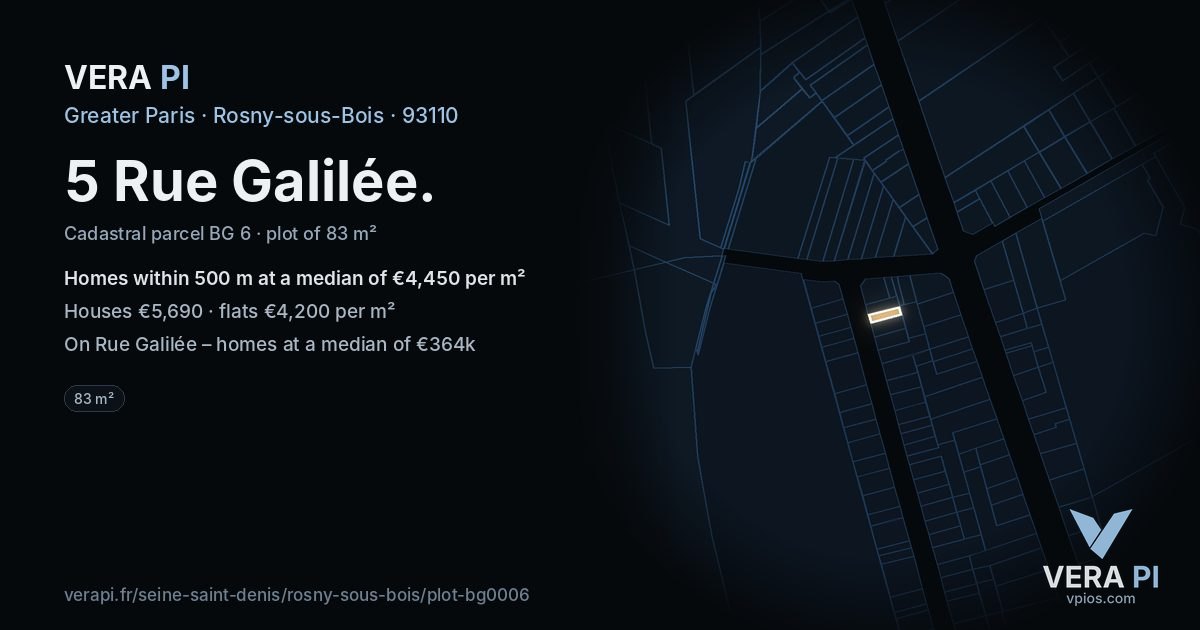 5 Rue Galilée, Rosny-sous-Bois at night – the plot lit, the parcels around coloured by the prices near them