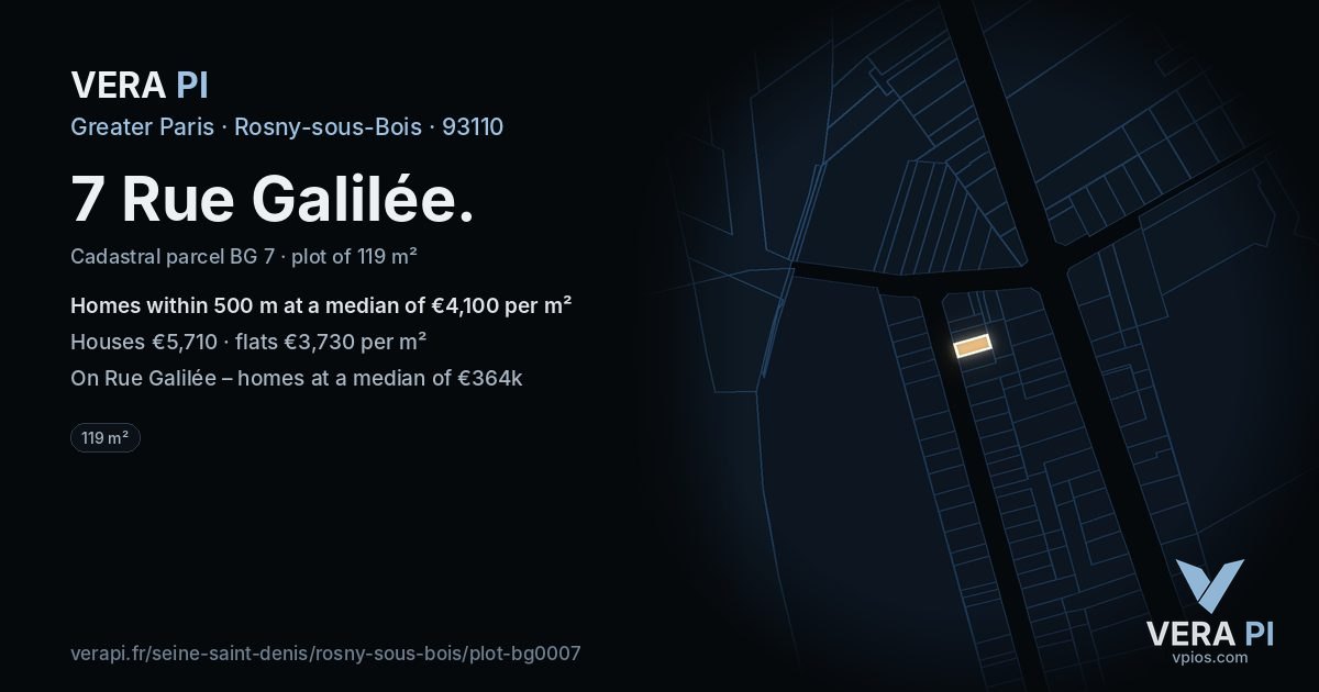 7 Rue Galilée, Rosny-sous-Bois at night – the plot lit, the parcels around coloured by the prices near them