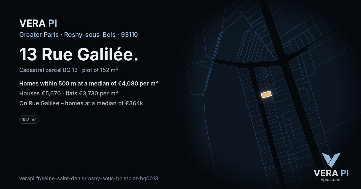 13 Rue Galilée, Rosny-sous-Bois at night – the plot lit, the parcels around coloured by the prices near them