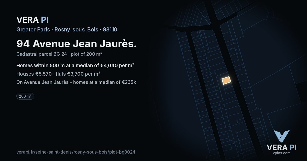 94 Avenue Jean Jaurès, Rosny-sous-Bois at night – the plot lit, the parcels around coloured by the prices near them
