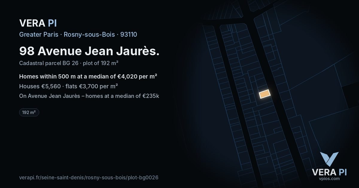 98 Avenue Jean Jaurès, Rosny-sous-Bois at night – the plot lit, the parcels around coloured by the prices near them