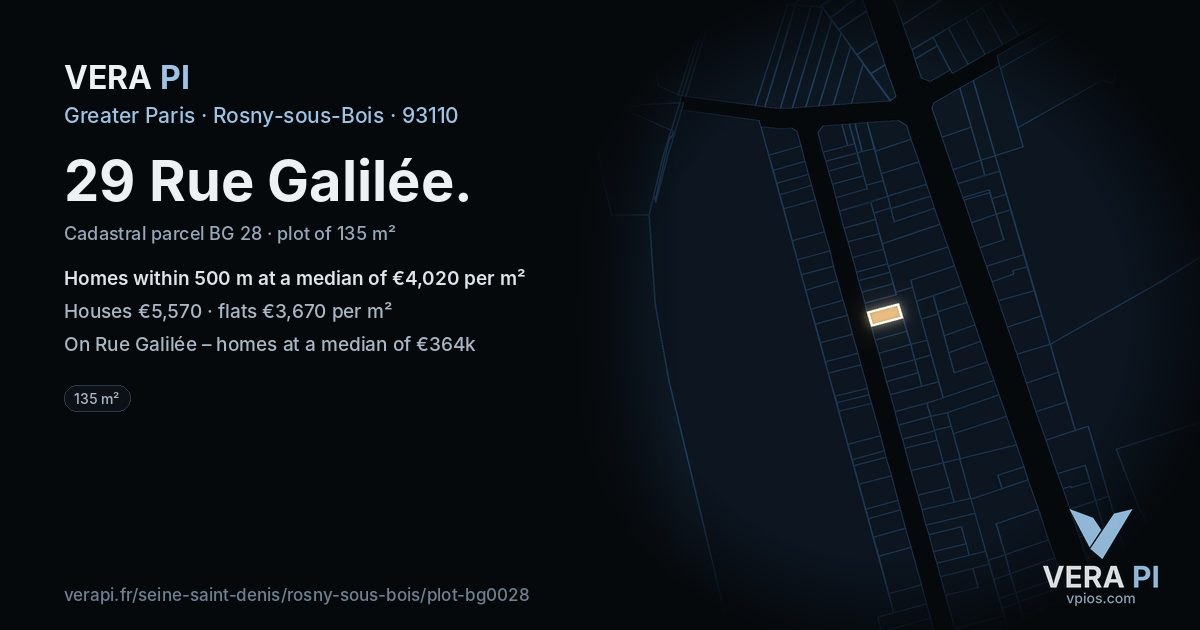 29 Rue Galilée, Rosny-sous-Bois at night – the plot lit, the parcels around coloured by the prices near them