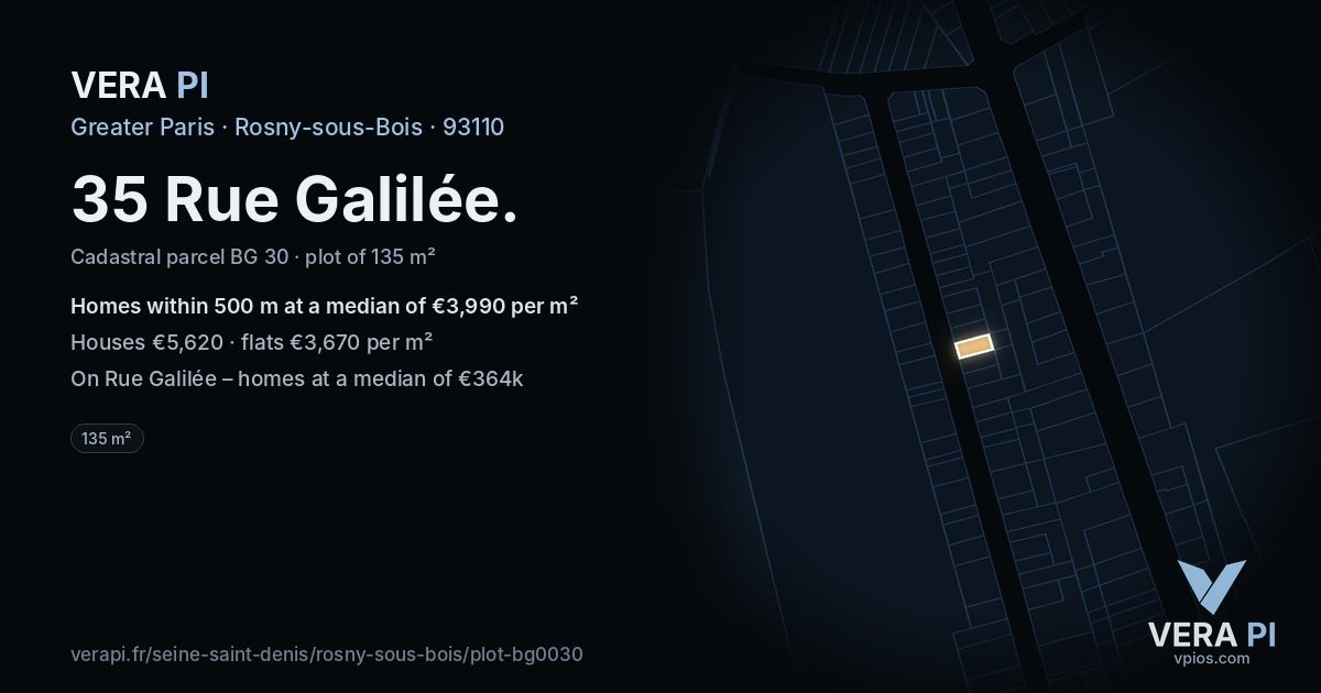 35 Rue Galilée, Rosny-sous-Bois at night – the plot lit, the parcels around coloured by the prices near them