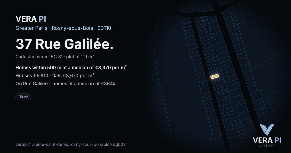 37 Rue Galilée, Rosny-sous-Bois at night – the plot lit, the parcels around coloured by the prices near them