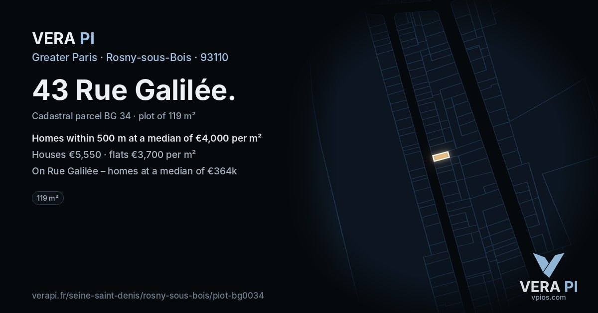 43 Rue Galilée, Rosny-sous-Bois at night – the plot lit, the parcels around coloured by the prices near them
