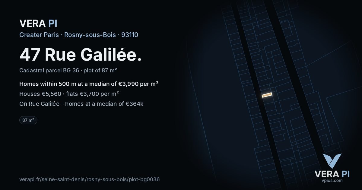 47 Rue Galilée, Rosny-sous-Bois at night – the plot lit, the parcels around coloured by the prices near them