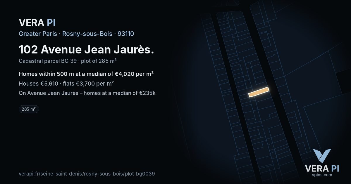 102 Avenue Jean Jaurès, Rosny-sous-Bois at night – the plot lit, the parcels around coloured by the prices near them