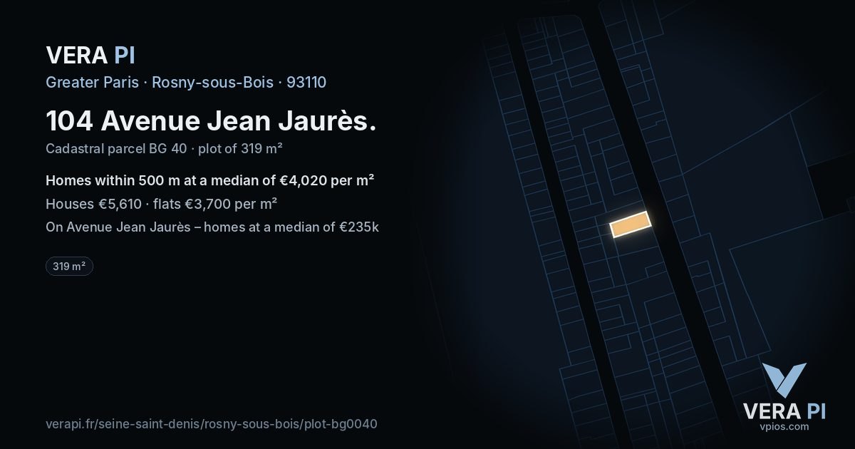 104 Avenue Jean Jaurès, Rosny-sous-Bois at night – the plot lit, the parcels around coloured by the prices near them