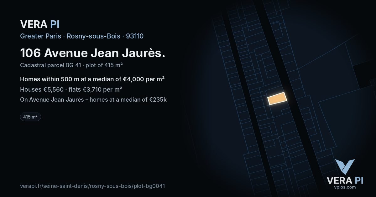 106 Avenue Jean Jaurès, Rosny-sous-Bois at night – the plot lit, the parcels around coloured by the prices near them