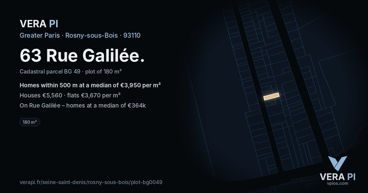 63 Rue Galilée, Rosny-sous-Bois at night – the plot lit, the parcels around coloured by the prices near them