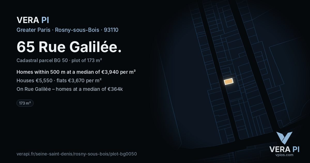 65 Rue Galilée, Rosny-sous-Bois at night – the plot lit, the parcels around coloured by the prices near them