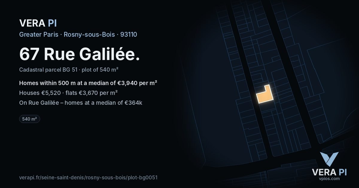 67 Rue Galilée, Rosny-sous-Bois at night – the plot lit, the parcels around coloured by the prices near them