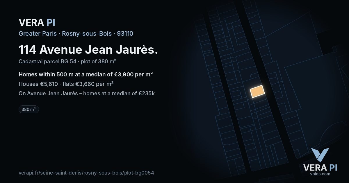 114 Avenue Jean Jaurès, Rosny-sous-Bois at night – the plot lit, the parcels around coloured by the prices near them