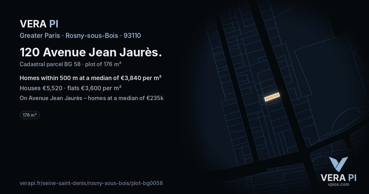 120 Avenue Jean Jaurès, Rosny-sous-Bois at night – the plot lit, the parcels around coloured by the prices near them